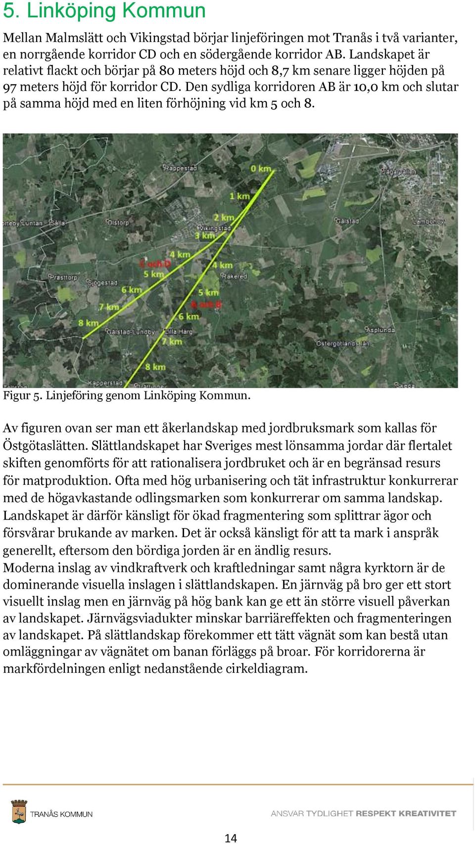 Den sydliga korridoren AB är 10,0 km och slutar på samma höjd med en liten förhöjning vid km 5 och 8. Figur 5. Linjeföring genom Linköping Kommun.