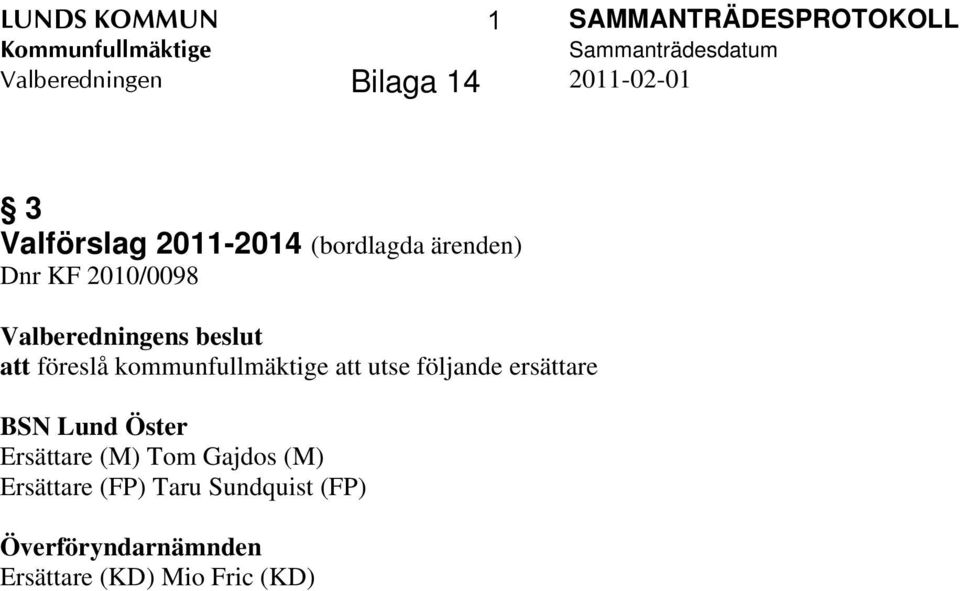 beslut att föreslå kommunfullmäktige att utse följande ersättare BSN Lund Öster Ersättare