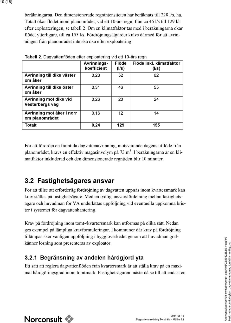 Om en klimatfaktor tas med i beräkningarna ökar flödet ytterligare, till ca 155 l/s. Fördröjningsåtgärder krävs därmed för att avrinningen från planområdet inte ska öka efter exploatering Tabell 2.