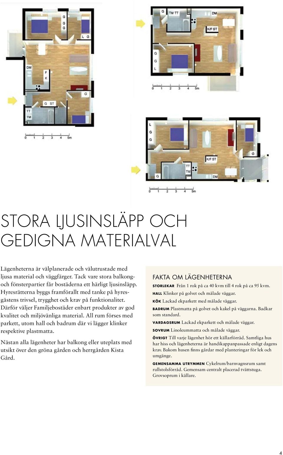 Därför väljer Familjebostäder enbart produkter av god kvalitet och miljövänliga material. All rum förses med parkett, utom hall och badrum där vi lägger klinker respektive plastmatta.