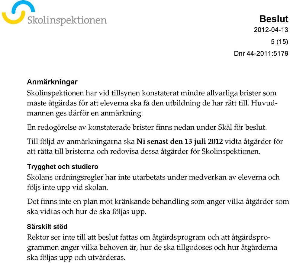 Till följd av anmärkningarna ska Ni senast den 13 juli 2012 vidta åtgärder för att rätta till bristerna och redovisa dessa åtgärder för Skolinspektionen.