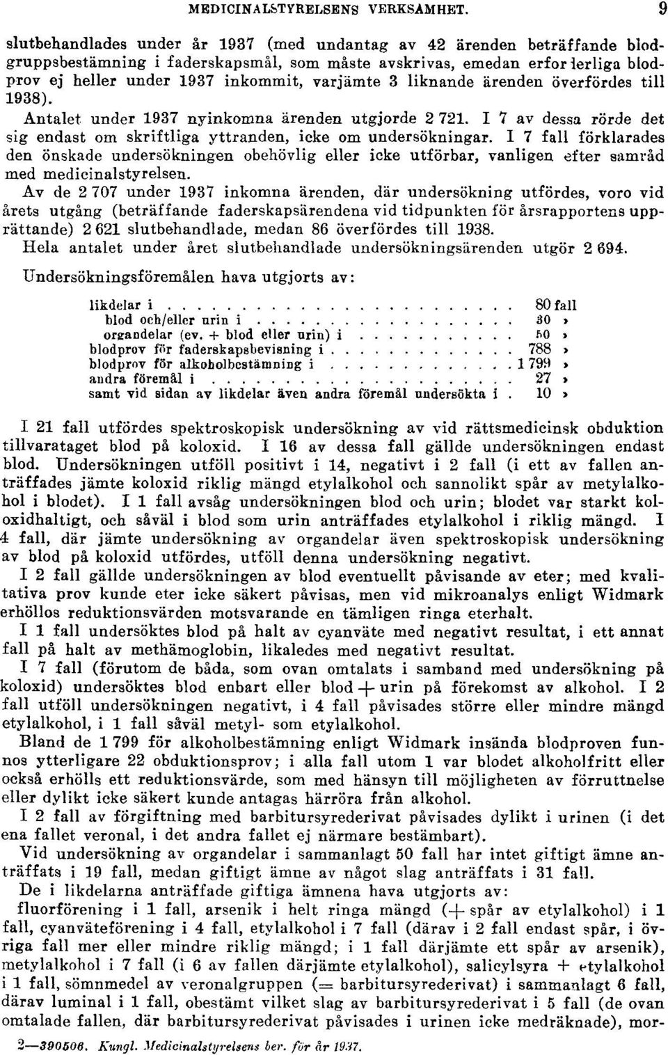 varjämte 3 liknande ärenden överfördes till 1938). Antalet under 1937 nyinkomna ärenden utgjorde 2 721. I 7 av dessa rörde det sig endast om skriftliga yttranden, icke om undersökningar.