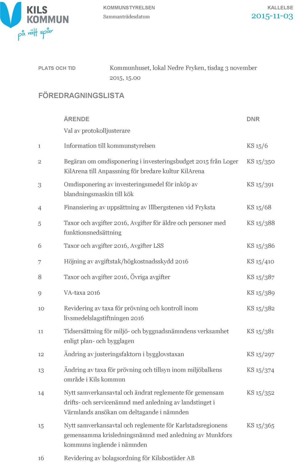 bredare kultur KilArena 3 Omdisponering av investeringsmedel för inköp av blandningsmaskin till kök KS 15/350 KS 15/391 4 Finansiering av uppsättning av Illbergstenen vid Fryksta KS 15/68 5 Taxor och