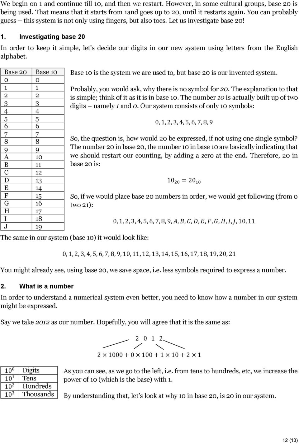 Investigating base 20 In order to keep it simple, let s decide our digits in our new system using letters from the English alphabet.