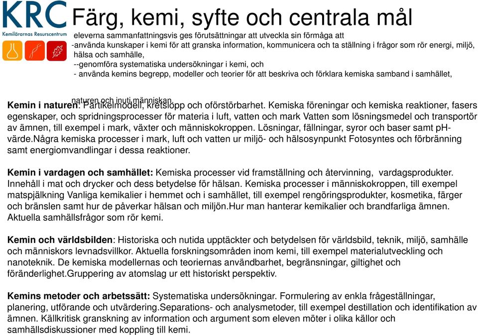 samhället, naturen och inuti människan. Kemin i naturen: Partikelmodell, kretslopp och oförstörbarhet.