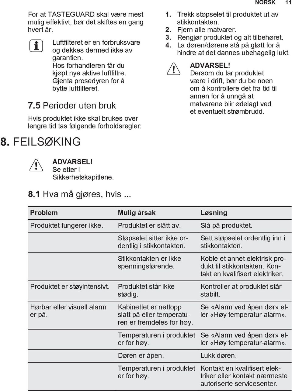 FEILSØKING 1. Trekk støpselet til produktet ut av stikkontakten. 2. Fjern alle matvarer. 3. Rengjør produktet og alt tilbehøret. 4.