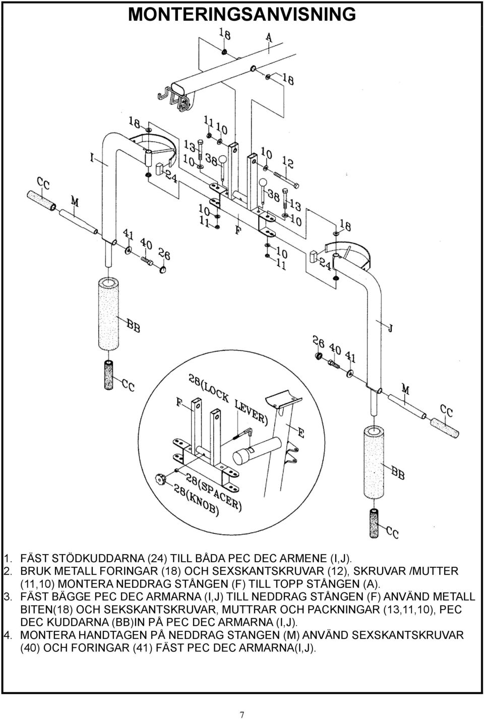 FÄST BÄGGE PEC DEC ARMARNA (I,J) TILL NEDDRAG STÅNGEN (F) ANVÄND METALL BITEN(18) OCH SEKSKANTSKRUVAR, MUTTRAR OCH PACKNINGAR