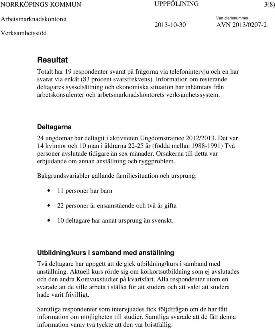 Deltagarna 24 ungdomar har deltagit i aktiviteten Ungdomstrainee 2012/2013. Det var 14 kvinnor och 10 män i åldrarna 22-25 år (födda mellan 1988-1991) Två personer avslutade tidigare än sex månader.