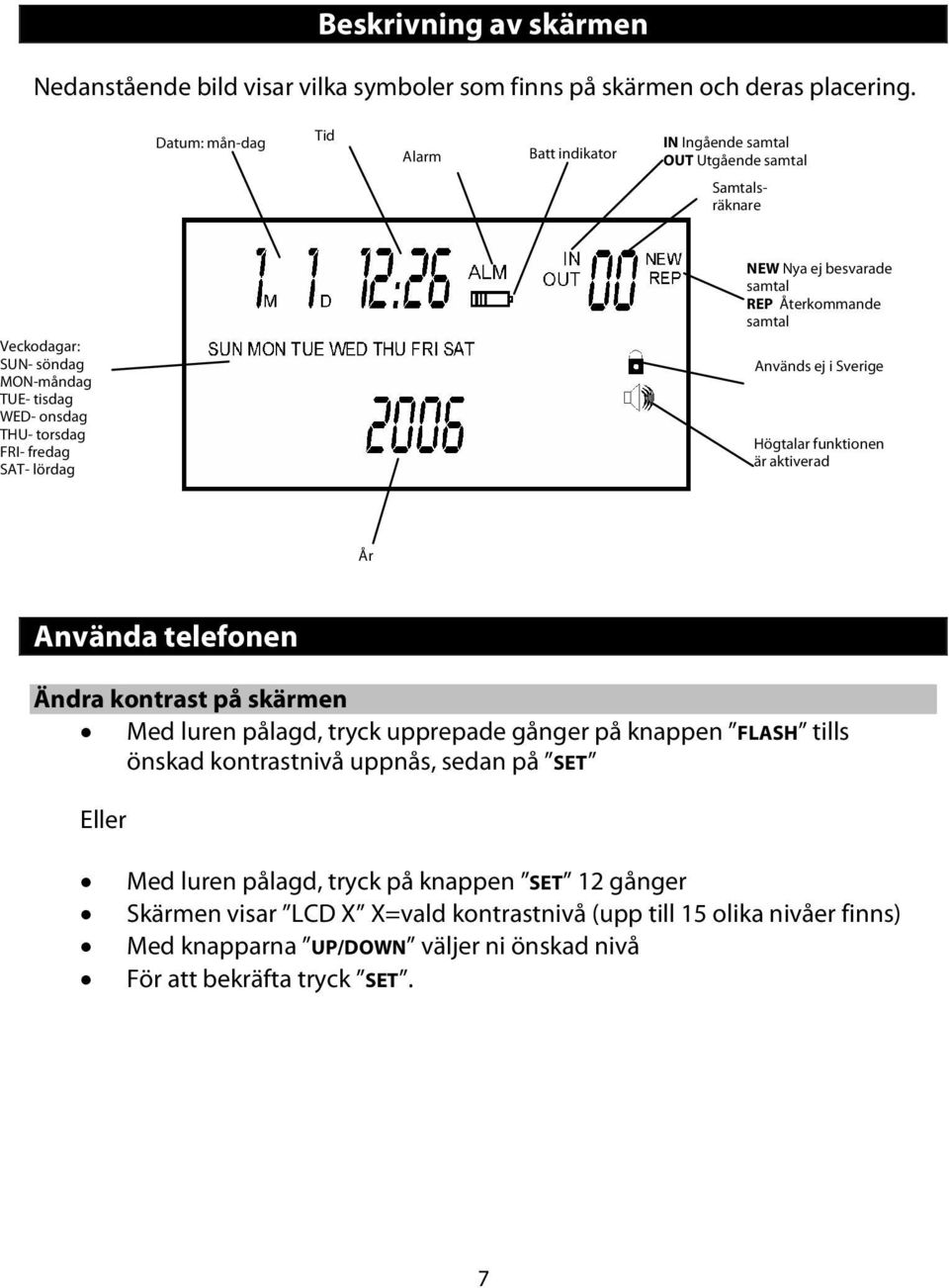 lördag NEW Nya ej besvarade samtal REP Återkommande samtal Används ej i Sverige Högtalar funktionen är aktiverad År Använda telefonen Ändra kontrast på skärmen Med luren pålagd, tryck