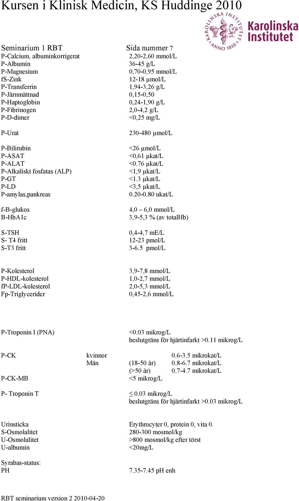 µmol/l <0,61 µkat/l <0.76 µkat/l <1,9 µkat/l <1.3 µkat/l <3,5 µkat/l 0.20-0.80 ukat/l 4,0 6,0 mmol/l 3,9-5,3 % (av totalhb) S-TSH 0,4-4,7 me/l S- T4 fritt 12-23 pmol/l S-T3 fritt 3-6.