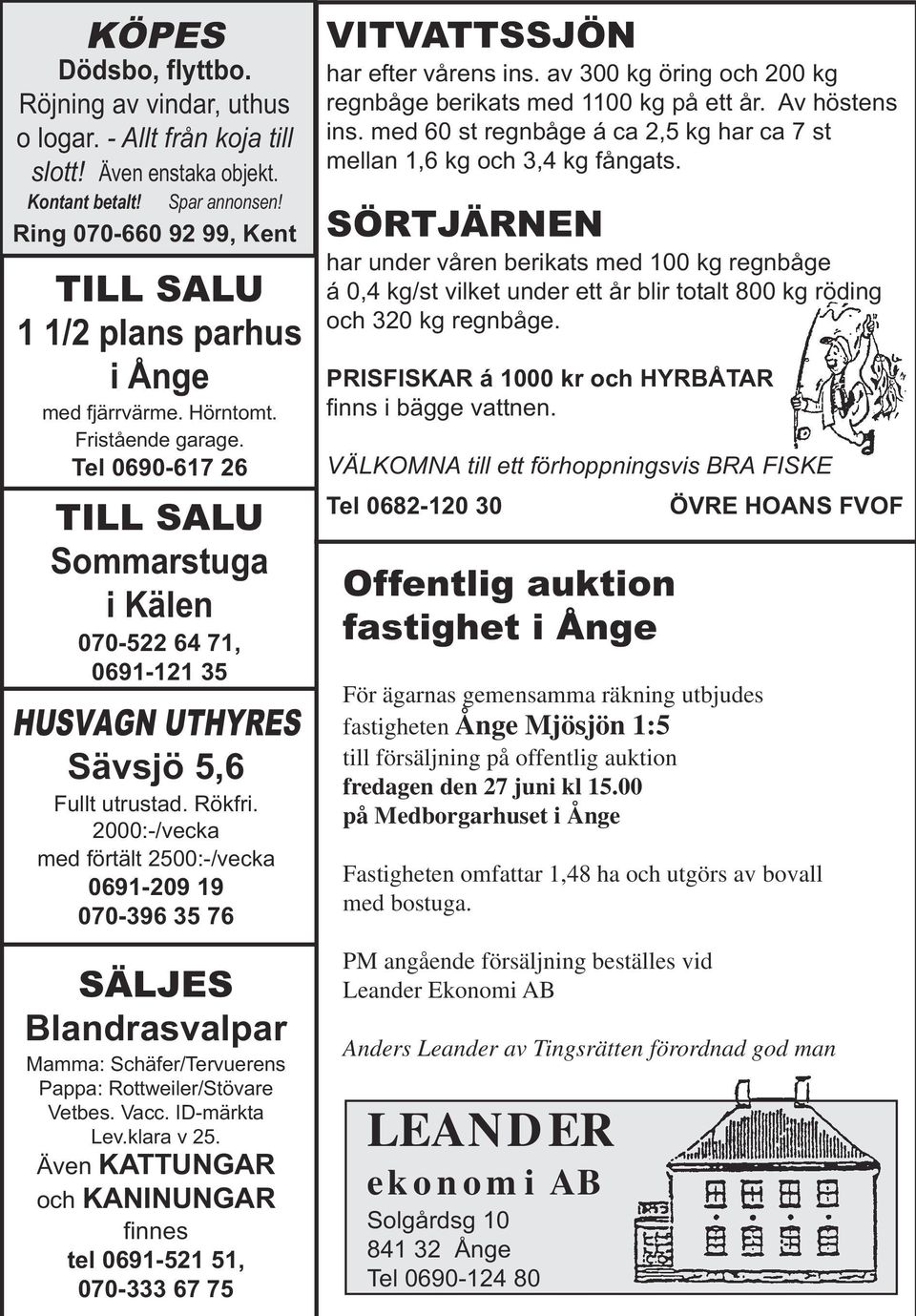 Tel 0690-617 26 TILL SALU Sommarstuga i Kälen 070-522 64 71, 0691-121 35 HUSVAGN UTHYRES Sävsjö 5,6 Fullt utrustad. Rökfri.