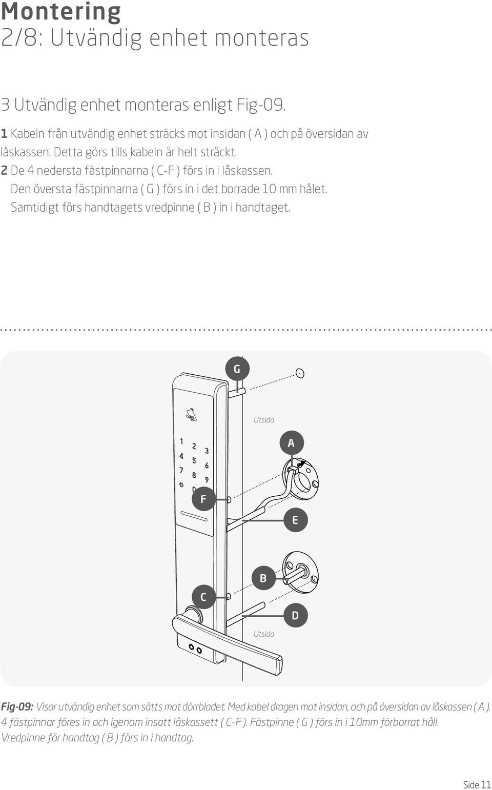 Samtidigt förs handtagets vredpinne ( ) in i handtaget. G Utsida F E C Utsida D Fig-09: Visar utvändig enhet som sätts mot dörrbladet.