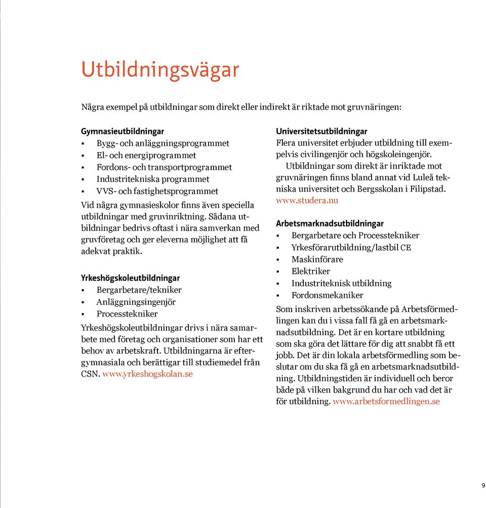 Sådana utbildningar bedrivs oftast i nära samverkan med gruvföretag och ger eleverna möjlighet att få adekvat praktik.