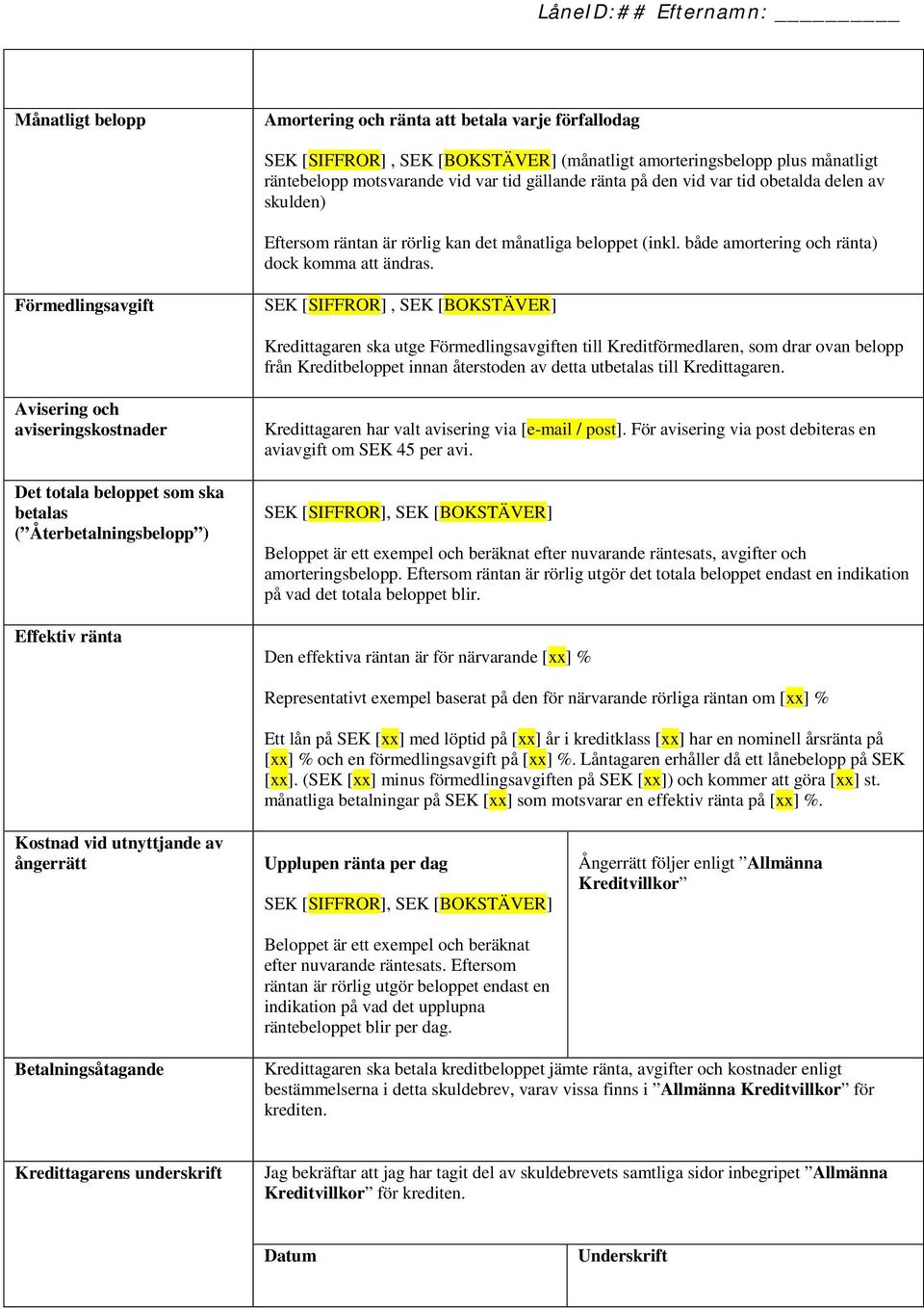 Förmedlingsavgift SEK [SIFFROR], SEK [BOKSTÄVER] Kredittagaren ska utge Förmedlingsavgiften till Kreditförmedlaren, som drar ovan belopp från Kreditbeloppet innan återstoden av detta utbetalas till