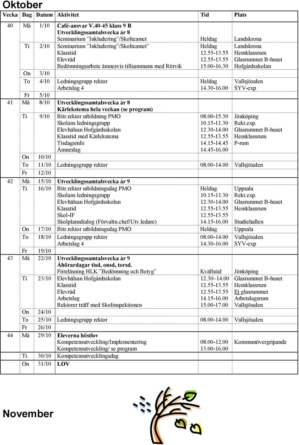 Ledningsgrupp rektor Fr 5/10 41 Må 8/10 Utvecklingssamtalsvecka år 8 Kärlekstema hela veckan (se program) Ti 9/10 Bitr.rektor utbildning PMO med Kärlekstema 15.00-16.30 08.00-15.