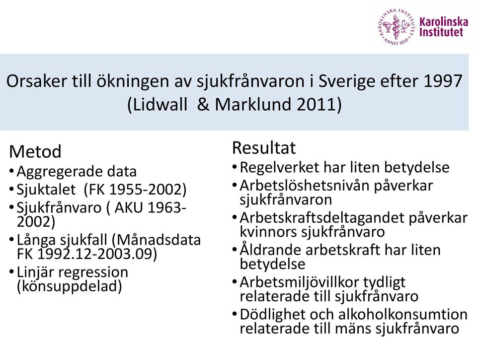 09) Linjär regression (könsuppdelad) Resultat Regelverket har liten betydelse Arbetslöshetsnivån påverkar sjukfrånvaron