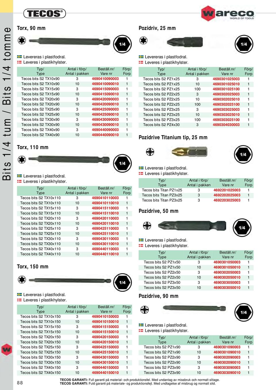 1 Tecos bits S2 TX30x90 10 4690430090010 1 Tecos bits S2 TX40x90 3 4690440090003 1 Tecos bits S2 TX40x90 10 4690440090010 1 Torx, 110 Torx, 150 Tecos bits S2 TX10x110 3 4690410110003 1 Tecos bits S2