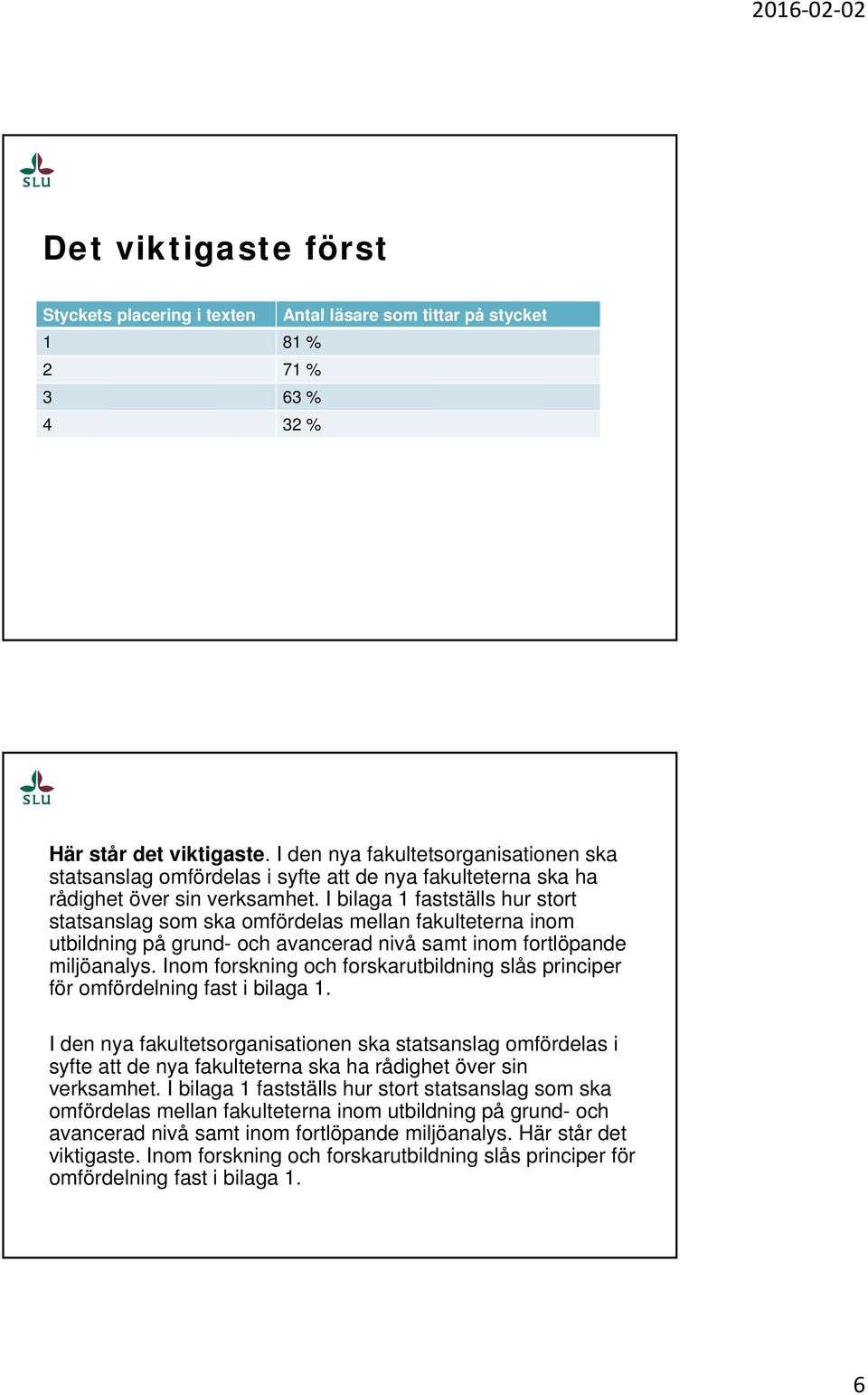 I bilaga 1 fastställs hur stort statsanslag som ska omfördelas mellan fakulteterna inom utbildning på grund- och avancerad nivå samt inom fortlöpande miljöanalys.