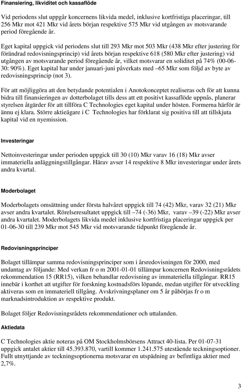 Eget kapital uppgick vid periodens slut till 293 Mkr mot 503 Mkr (438 Mkr efter justering för förändrad redovisningsprincip) vid årets början respektive 618 (580 Mkr efter justering) vid utgången av