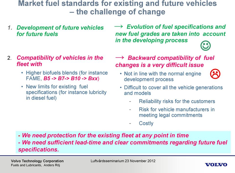 Evolution of fuel specifications and new fuel grades are taken into account in the developing process Backward compatibility of fuel changes is a very difficult issue Not in line with the normal