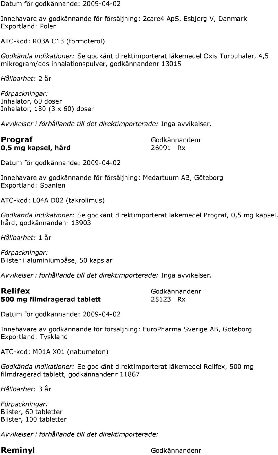 Prograf 0,5 mg kapsel, hård 26091 Rx Innehavare av godkännande för försäljning: Medartuum AB, Göteborg Exportland: Spanien ATC-kod: L04A D02 (takrolimus) Se godkänt direktimporterat läkemedel