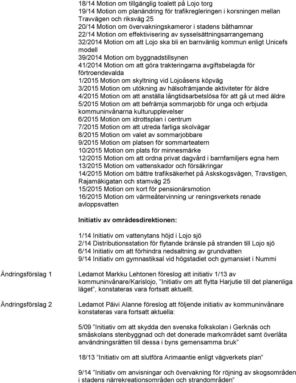 göra trakteringarna avgiftsbelagda för förtroendevalda 1/2015 Motion om skyltning vid Lojoåsens köpväg 3/2015 Motion om utökning av hälsofrämjande aktiviteter för äldre 4/2015 Motion om att anställa