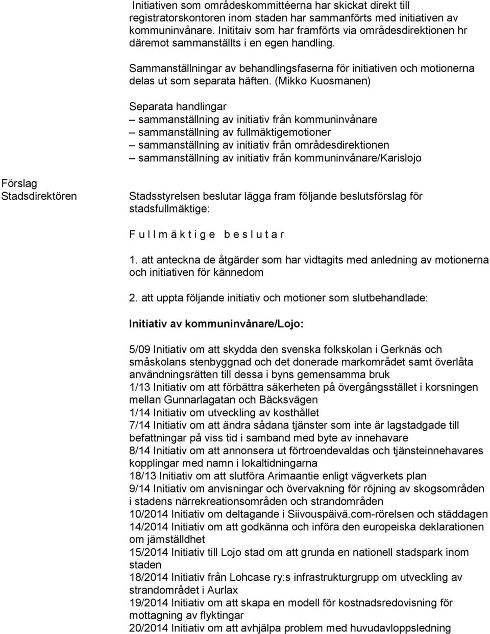 (Mikko Kuosmanen) Separata handlingar sammanställning av initiativ från kommuninvånare sammanställning av fullmäktigemotioner sammanställning av initiativ från områdesdirektionen sammanställning av