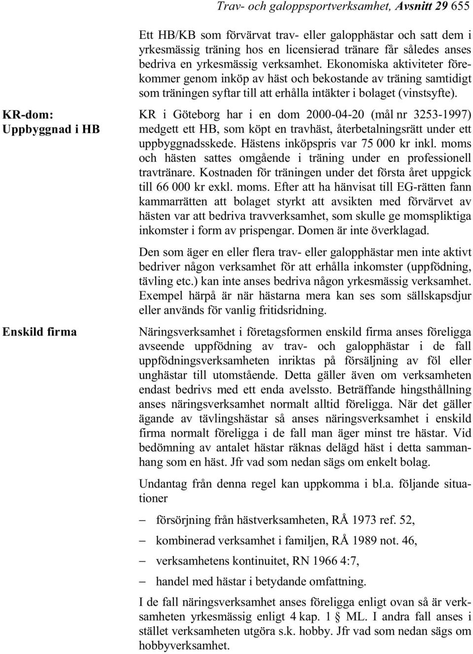 Ekonomiska aktiviteter förekommer genom inköp av häst och bekostande av träning samtidigt som träningen syftar till att erhålla intäkter i bolaget (vinstsyfte).