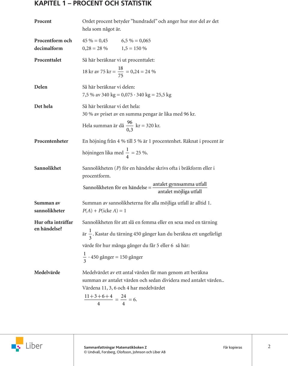 delen: = 0,24 = 24 % 7,5 % av 40 kg = 0,075 40 kg = 25,5 kg Så här beräknar vi det hela: 0 % av priset av en summa pengar är lika med 96 kr. Hela summan är då 96 0, kr = 20 kr.