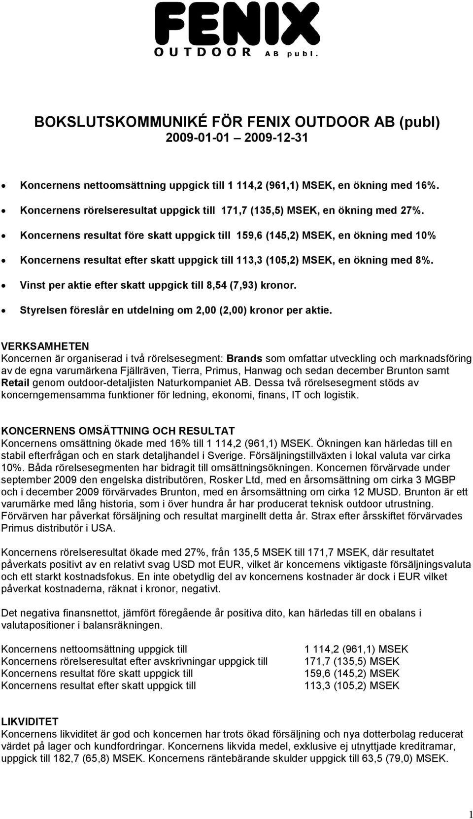 Koncernens resultat före skatt uppgick till 159,6 (145,2) MSEK, en ökning med 10% Koncernens resultat efter skatt uppgick till 113,3 (105,2) MSEK, en ökning med 8%.