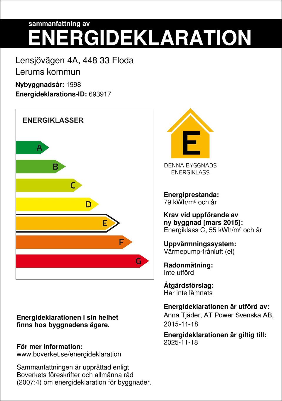 Energideklarationen i sin helhet finns hos byggnadens ägare. För mer information: www.boverket.