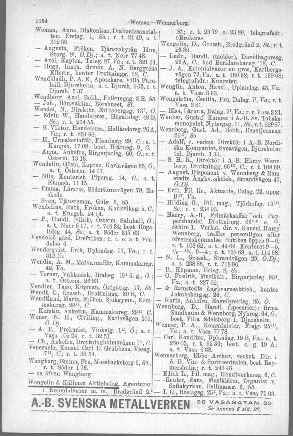 ; bod Beridarebansg. ~18, O. - Hugo, inneh. firman A. N. Berggrens - J. A., Kolonialvaror en gros, Karlbergs- Eftertr., kontor Drottningg. 18, O. väg~n 73, Va.; a. t. 16092; r. t. 13908; Wendbladh, P.