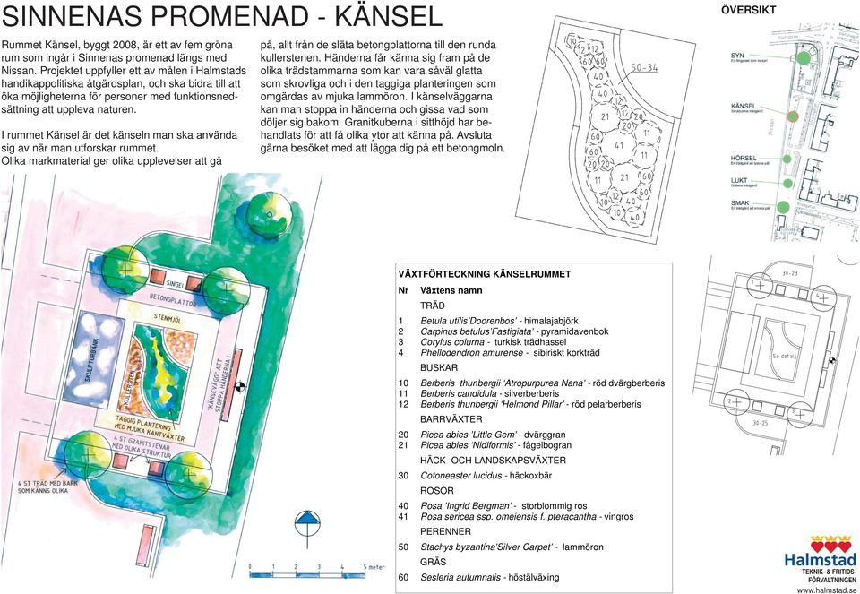 I rummet Känsel är det känseln man ska använda sig av när man utforskar rummet. Olika markmaterial ger olika upplevelser att gå på, allt från de släta betongplattorna till den runda kullerstenen.