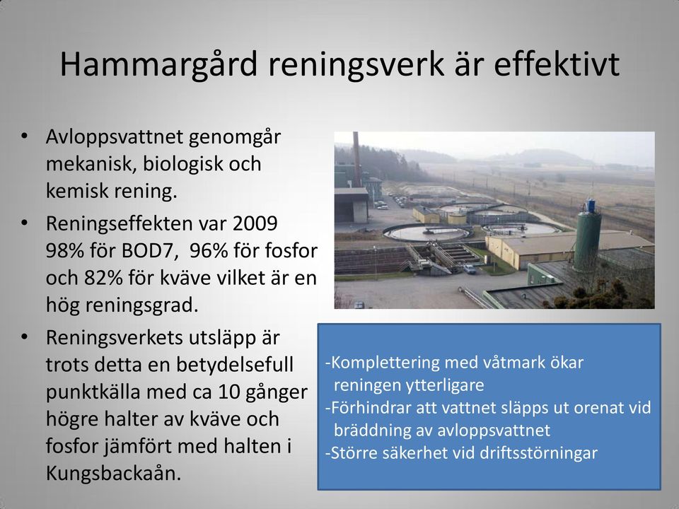 Reningsverkets utsläpp är trots detta en betydelsefull punktkälla med ca 10 gånger högre halter av kväve och fosfor jämfört med