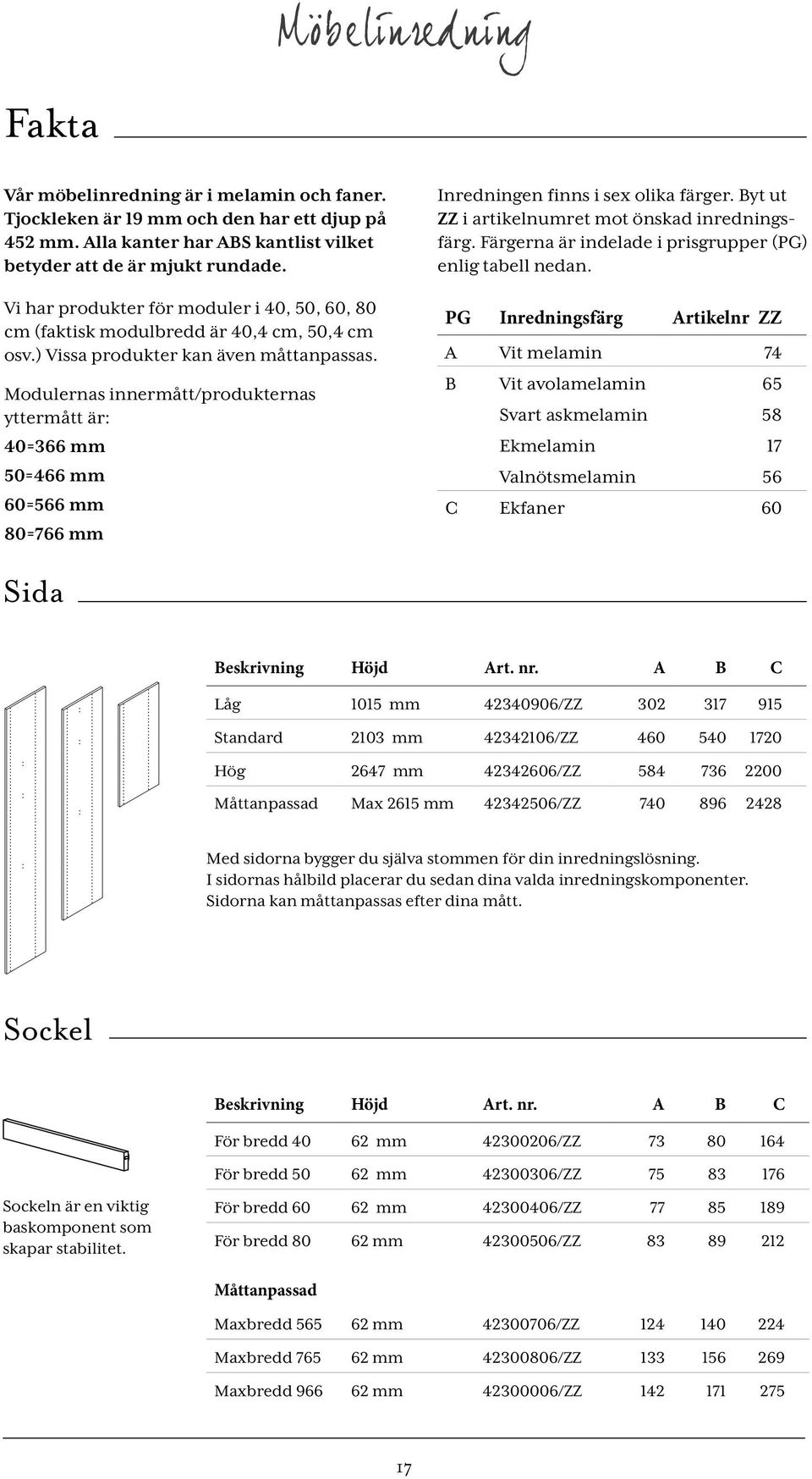 Modulernas innermått/produkternas yttermått är: 40=366 mm 50=466 mm 60=566 mm 80=766 mm Inredningen finns i sex olika färger. Byt ut ZZ i artikelnumret mot önskad inredningsfärg.