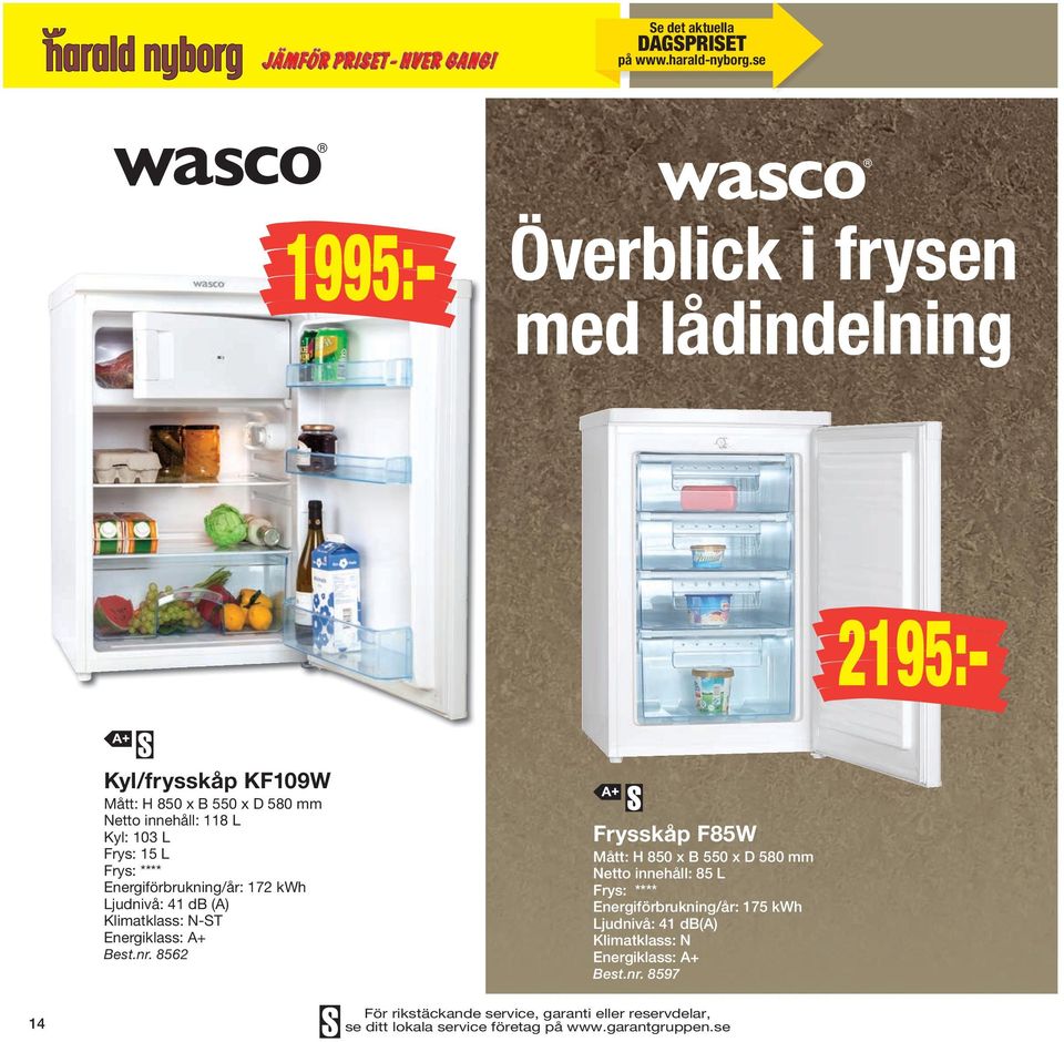 8562 Frysskåp F85W Mått: H 850 x B 550 x D 580 mm Netto innehåll: 85 L Energiförbrukning/år: 175 kwh Ljudnivå: 41 db(a)