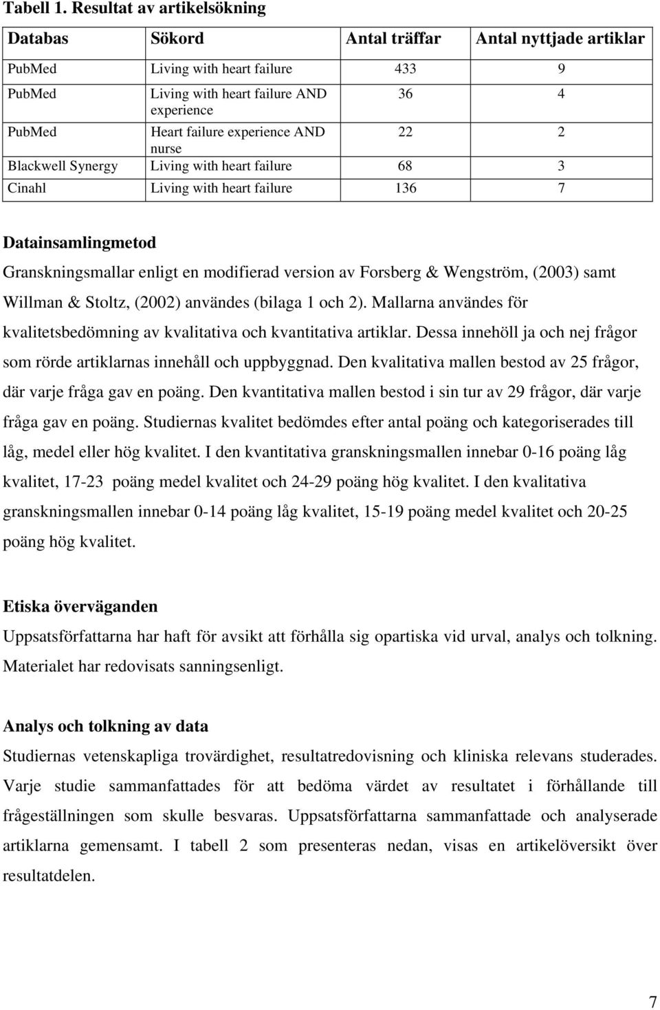 experience AND 22 2 nurse Blackwell Synergy Living with heart failure 68 3 Cinahl Living with heart failure 136 7 Datainsamlingmetod Granskningsmallar enligt en modifierad version av Forsberg &