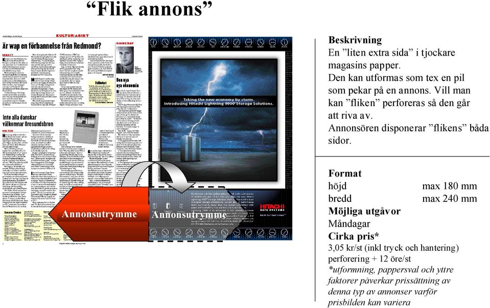 Vill man kan fliken perforeras så den går att riva av. Annonsören disponerar flikens båda sidor.