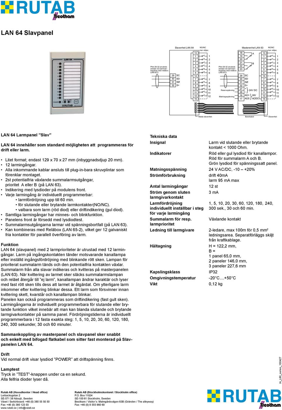 Indikering med lysdioder på modulens front. Varje larmingång är individuellt programmerbar: larmfördröjning upp till 60 min. för slutande eller brytande larmkontakter(no/nc).