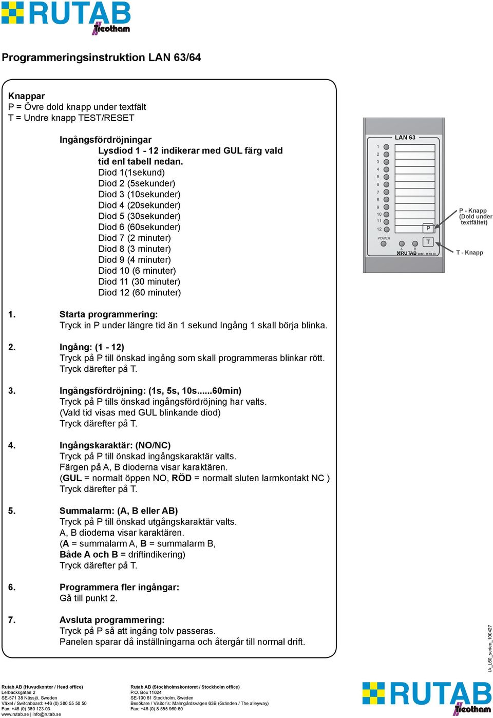 (30 minuter) Diod 12 (60 minuter) 1 2 3 4 5 6 7 8 9 10 11 12 POWER LAN 63 P T A B 0380-55 50 50 P - Knapp (Dold under textfältet) T - Knapp 1.