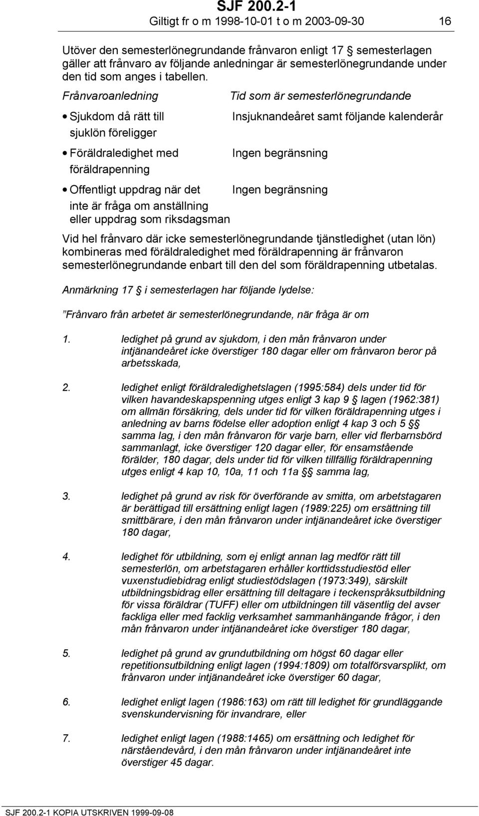 Frånvaroanledning Tid som är semesterlönegrundande Sjukdom då rätt till sjuklön föreligger Föräldraledighet med föräldrapenning Insjuknandeåret samt följande kalenderår Ingen begränsning Offentligt