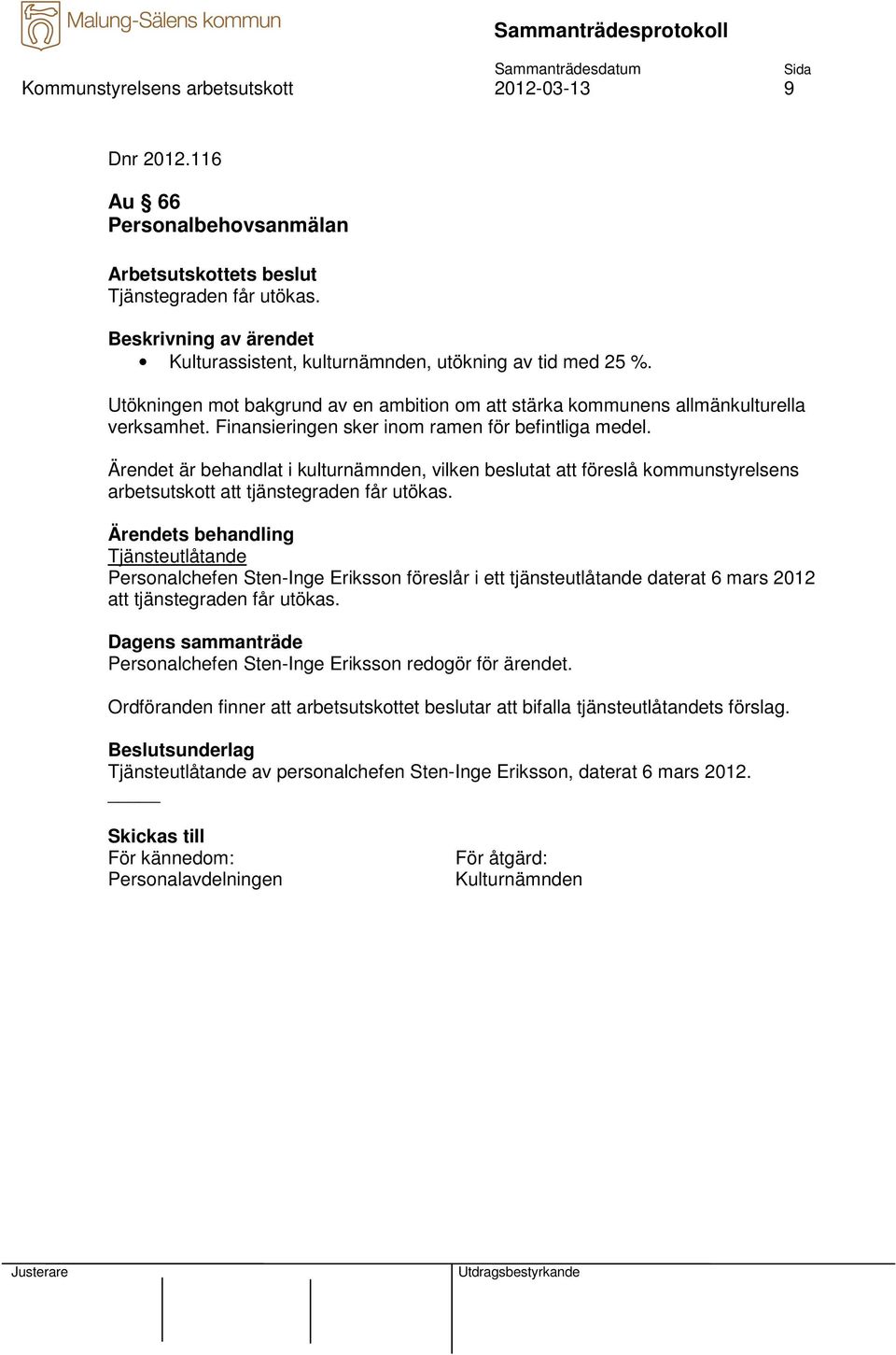 Ärendet är behandlat i kulturnämnden, vilken beslutat att föreslå kommunstyrelsens arbetsutskott att tjänstegraden får utökas.