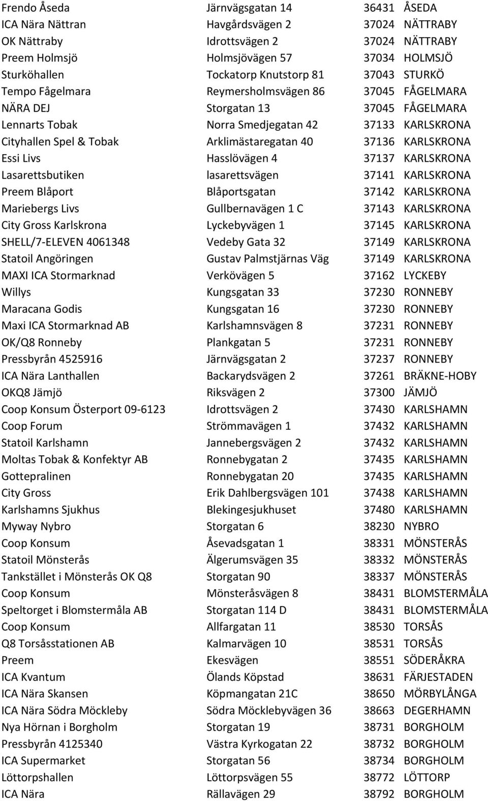 Arklimästaregatan 40 37136 KARLSKRONA Essi Livs Hasslövägen 4 37137 KARLSKRONA Lasarettsbutiken lasarettsvägen 37141 KARLSKRONA Preem Blåport Blåportsgatan 37142 KARLSKRONA Mariebergs Livs