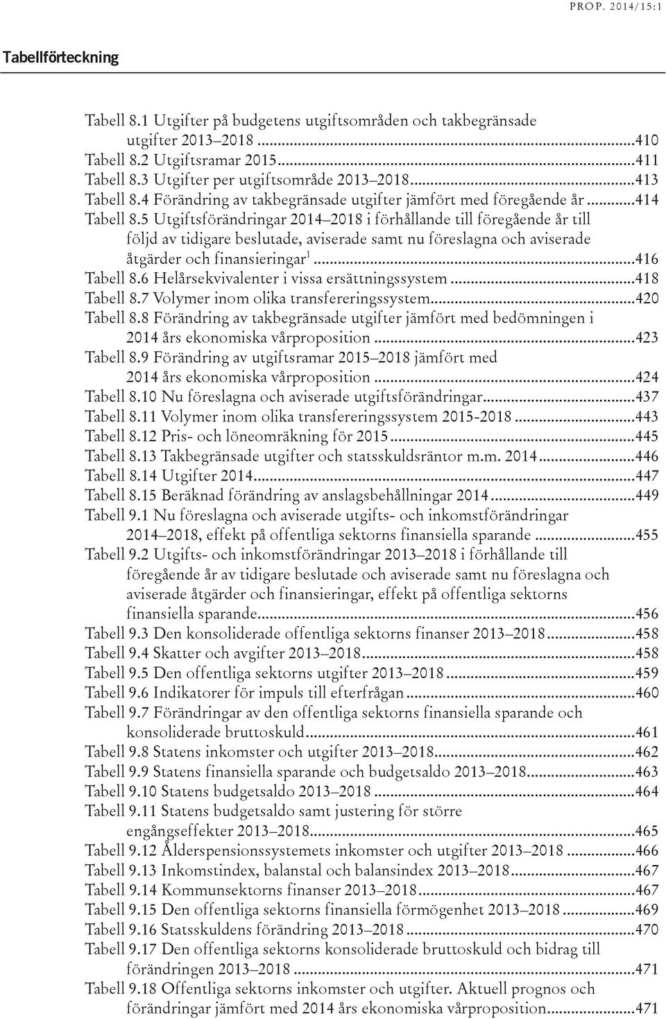 5 Utgiftsförändringar 2014 2018 i förhållande till föregående år till följd av tidigare beslutade, aviserade samt nu föreslagna och aviserade åtgärder och finansieringar 1... 416 Tabell 8.