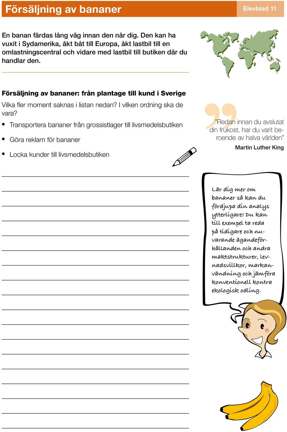 Försäljning av bananer: från plantage till kund i Sverige Vilka fler moment saknas i listan nedan? I vilken ordning ska de vara?