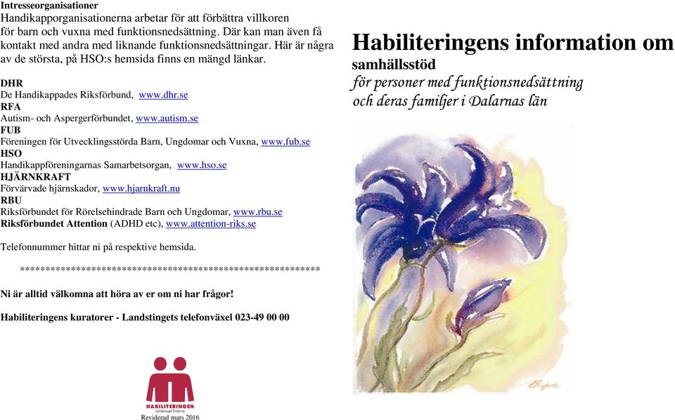 se RFA Autism- och Aspergerförbundet, www.autism.se FUB Föreningen för Utvecklingsstörda Barn, Ungdomar och Vuxna, www.fub.se HSO Handikappföreningarnas Samarbetsorgan, www.hso.