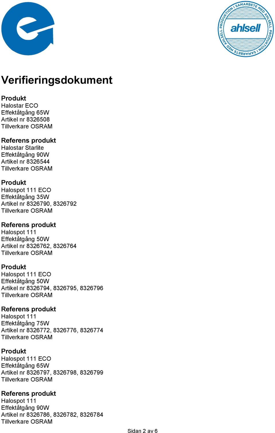 8326796 Halospot 111 Effektåtgång 75W Artikel nr 8326772, 8326776, 8326774 Halospot 111 ECO Effektåtgång