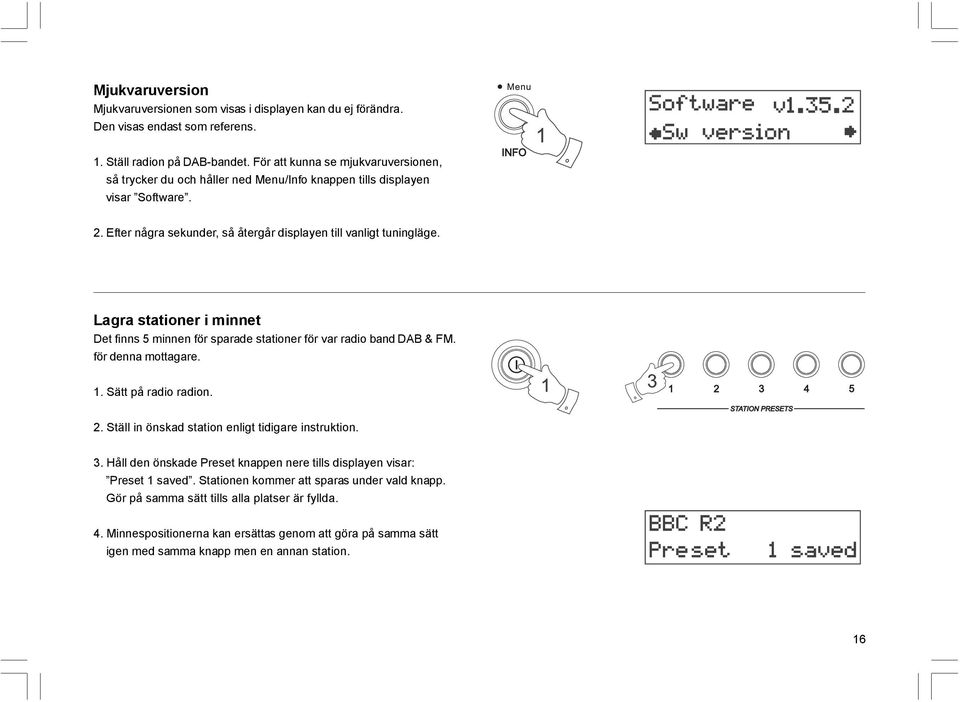 Lagra stationer i minnet Det finns 5 minnen för sparade stationer för var radio band DAB & FM. för denna mottagare. 1. Sätt på radio radion. 2. Ställ in önskad station enligt tidigare instruktion. 3.