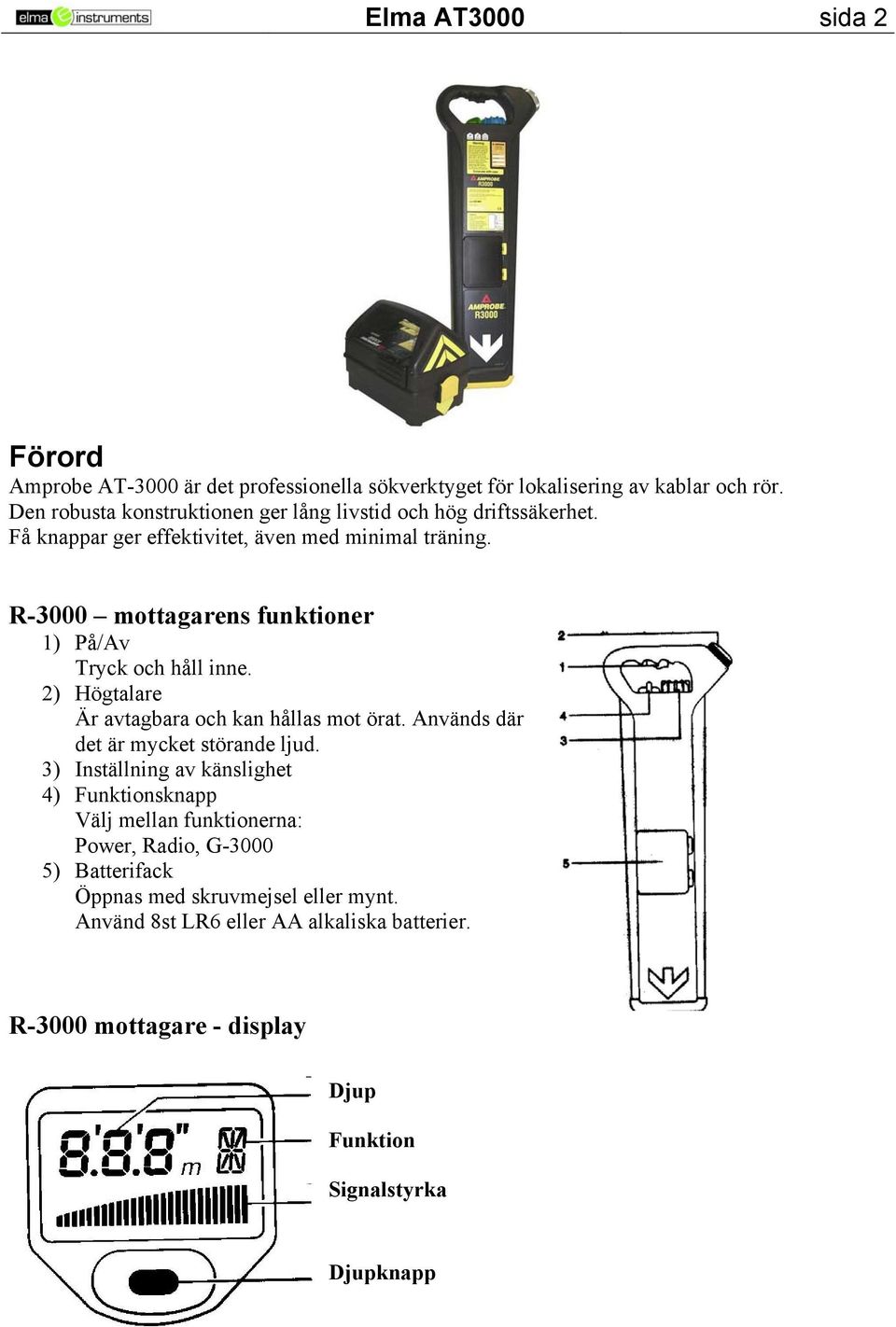 R-3000 mottagarens funktioner 1) På/Av Tryck och håll inne. 2) Högtalare Är avtagbara och kan hållas mot örat. Används där det är mycket störande ljud.