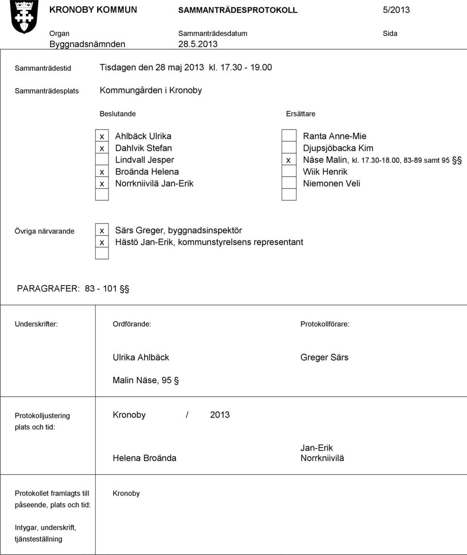 00, 83-89 samt 95 x Broända Helena Wiik Henrik x Norrkniivilä Jan-Erik Niemonen Veli Övriga närvarande x Särs Greger, byggnadsinspektör x Hästö Jan-Erik, kommunstyrelsens representant